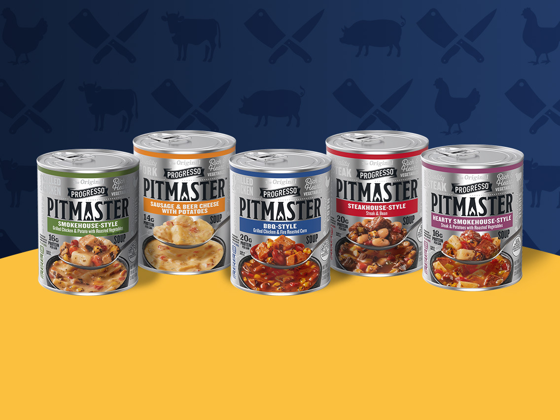 An image of the five Progresso Pitmaster soup flavors on a blue and yellow background.